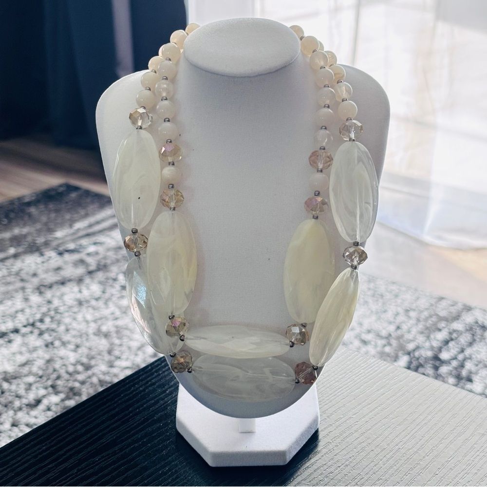 Cream Marbled Bead Statement Necklace Double Strand Crystal Accent